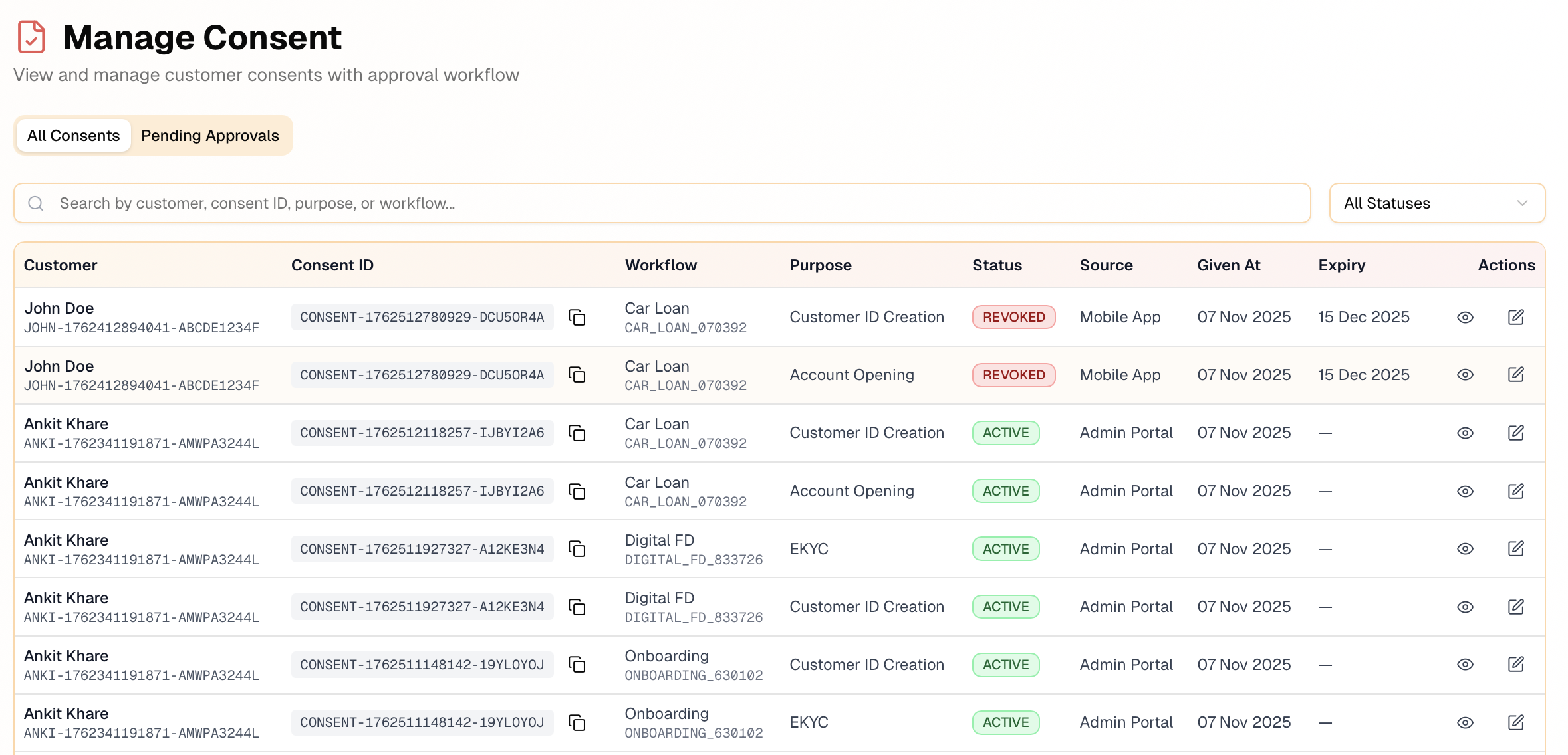 Manage Consent interface showing customer consent details, workflows, and approval tracking