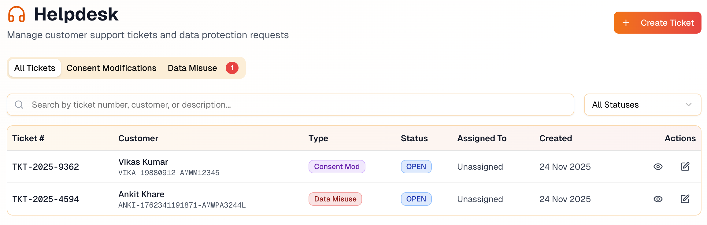 Helpdesk interface showing customer support tickets for consent modifications and data misuse cases