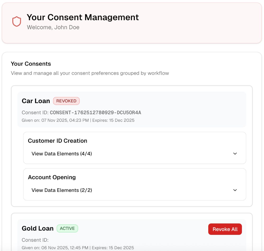 Customer Consent Management portal showing consent preferences and workflow details