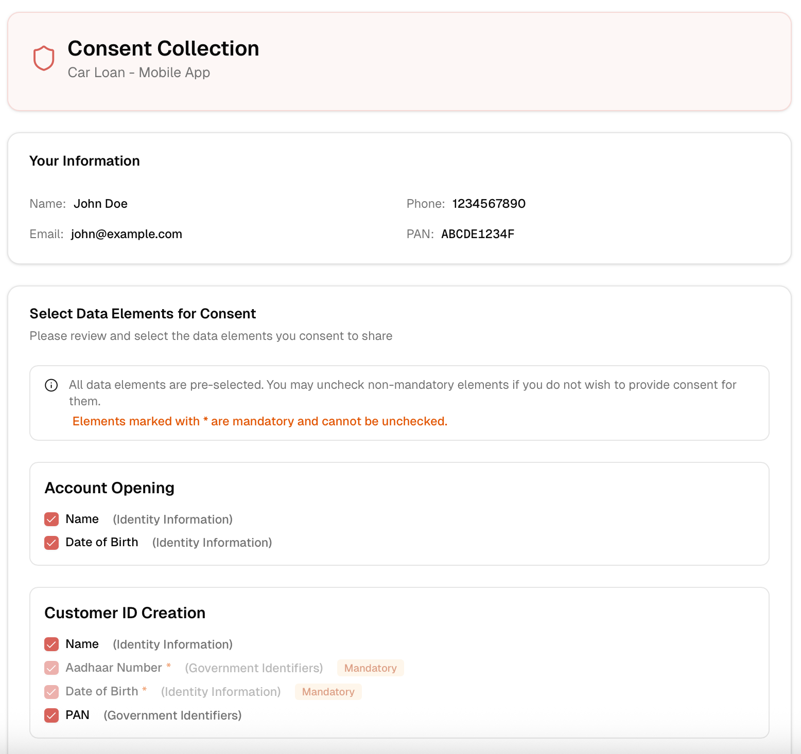 Consent Collection form showing customer information and data element selection
