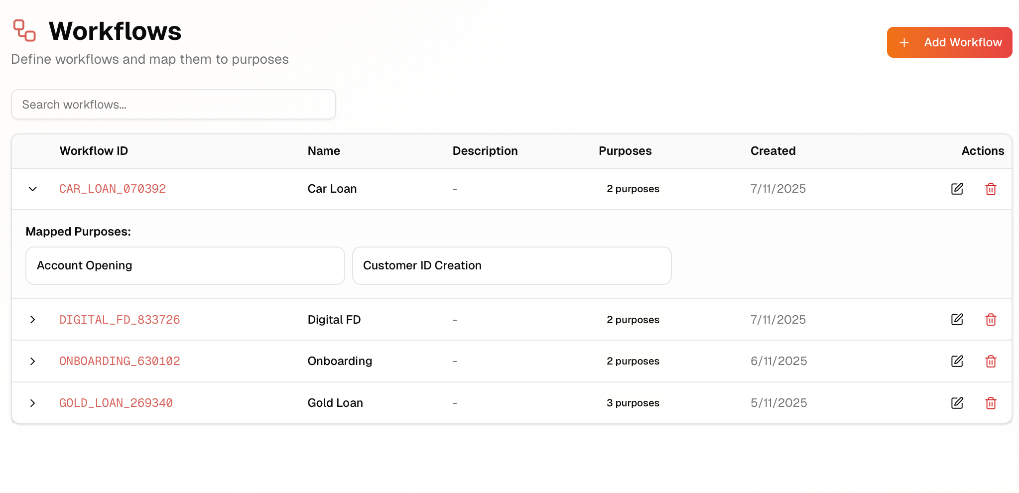 Workflows page showing workflow definitions and purpose mappings
